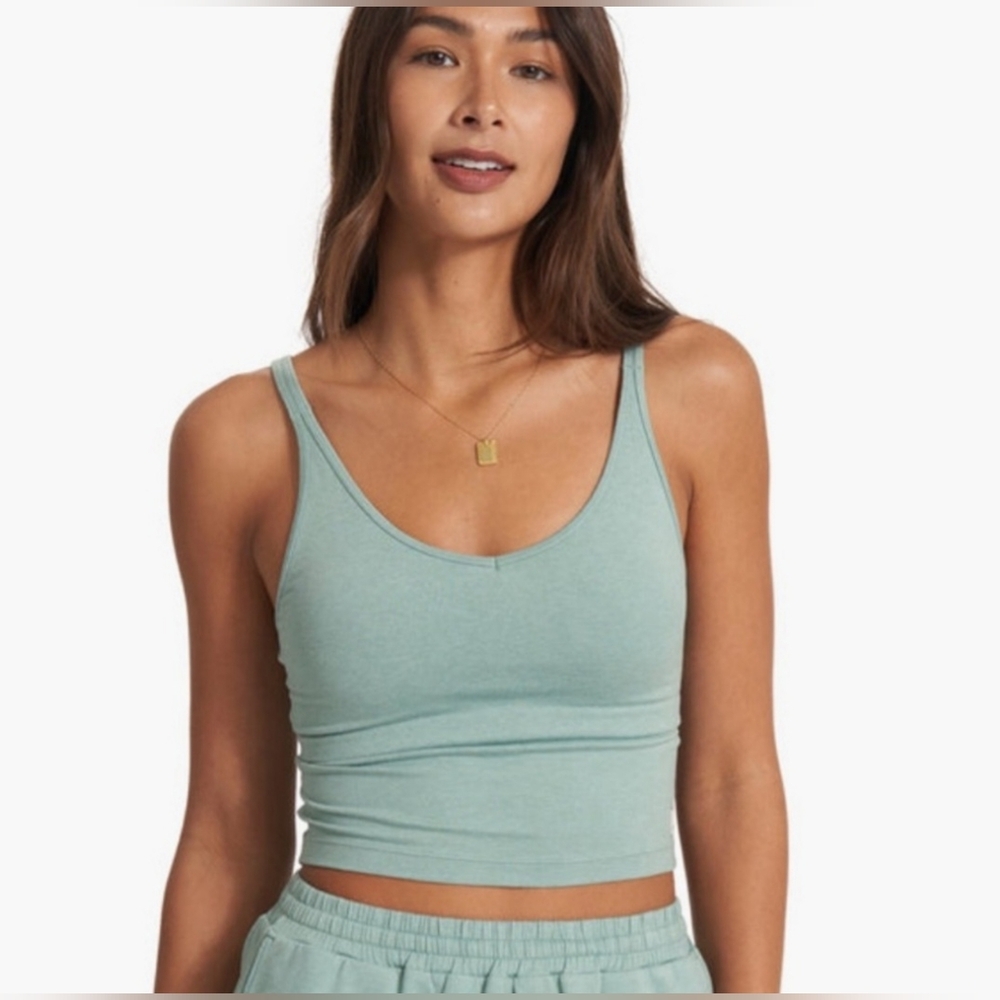 Vuori women's light sage green cropped tank top and matching shorts set